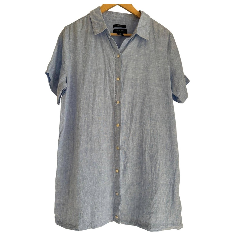 Tahari Light Blue Linen Button-Front Mini Dress